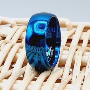 Polished Blue Tungsten Carbide Ring – Unisex Wedding Band W892